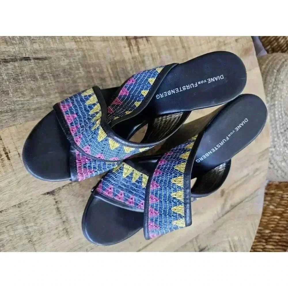 Diane Von Furstenberg Wedge Sandals Textile Strap Wooden Heels Women's Size 8